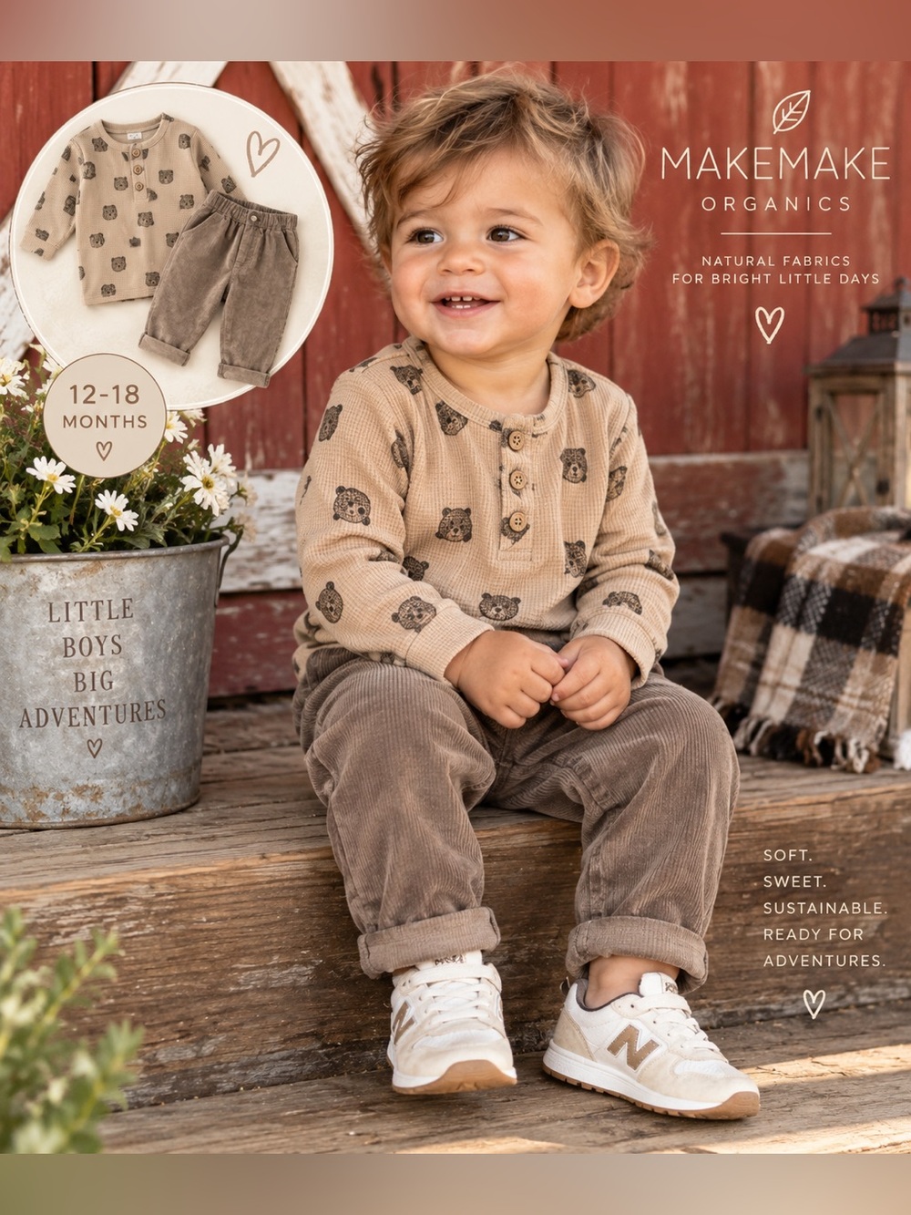 MakeMake Organics Boys 12-18M Bear Thermal Top & Corduroy Pants 2-Piece Set